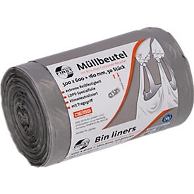 Deiss FIRST PLUS afvalzakken, met handvat, LDPE, 14 µm, grijs, B 500 x H 760 mm, 30 liter, 1000 stuks