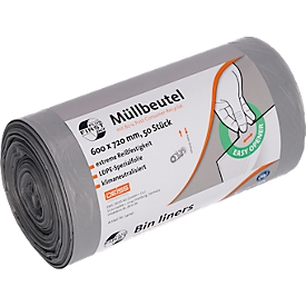 Deiss FIRST PLUS afvalzakken, met handvat, LDPE, 14 µm, grijs, B 600 x H 720 mm, 60 liter, 1000 stuks