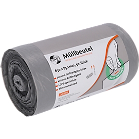 Deiss FIRST PLUS afvalzakken, met handvat, LDPE, 14 µm, grijs, B 630 x H 850 mm, 80 liter, 300 stuks