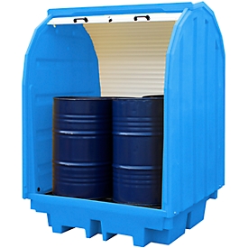 Depósito para materiales peligrosos con persona para 4 barriles de 205 l, volumen 410 l, con cerradura, accesible con transpaleta 2 lados, PE, azul