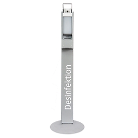 Desinfectiedispenser, met bedieningshendel & lekbak, tot 1000 ml, incl. lege fles, roestvrij staal, B 350 D 350 x H 1220 mm