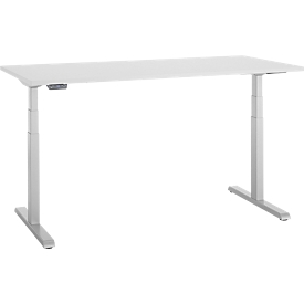 Desk, electrically height-adjustable, T-foot, W 1600 x D 800 x H 615-1275 mm, light gray/white aluminum