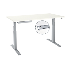 Desk, electrically height-adjustable, T-foot, W 1600 x D 800 x H 645-1290 mm, white/white aluminum + cable duct, accessory drawer