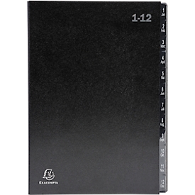 Desk file Exacompta 57012E, size A4, 12 compartments, tabs 1-12/Jan-Dec, W 250 x H 330 mm, Blue Angel, recycled cardboard, black