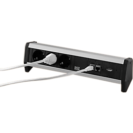 DESK power strip, 3 sockets, CAT6A, USB A/A, aluminium