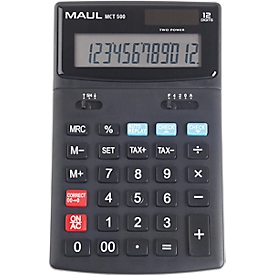 Desktop calculator MAUL MCT500, 12 digits, Tax, Chec &amp; Correct, solar &amp; battery powered, W 107 x D 174 x H 22 mm, black