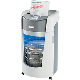 Destructeur de documents Leitz IQ OptiMax Office, coupe microparticules 2 x 15 mm, P-5, 35 l, capacité de coupe 10 feuilles, technologie rotative, avec rouleaux, blanc