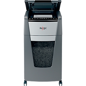 Destructeur de documents Rexel Optimum AutoFeed+ 300X, entièrement automatique, coupe de particules 4 x 25 mm P-4, 60 l, capacité de coupe 10-300 feuilles, avec roulettes pivotantes, noir
