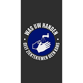 Deurmat "handen wassen", polyamide/vinyl, L 1500 mm x B 900 mm, zwart/wit/blauw, Nederlandse markering