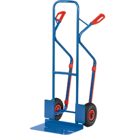 Diable en acier fetra - grande bavette l. 480 x P 300 mm - roues avec pneus gonflables - capacité de charge 300 kg - bleu