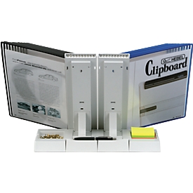 Display board extension stand Styro, for 10 tarifold boards in A4 format, with storage trays, polystyrene, gray, incl. fastening material