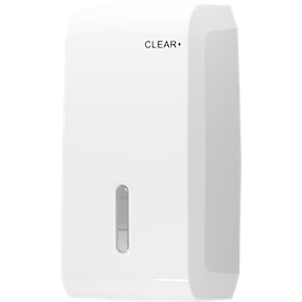 Distributeur de papier toilette Clear+ by CWS, fixation murale, distribution à feuille unique pour environ 550 feuilles pliées en V ou en M, verrouillable, PP, blanc
