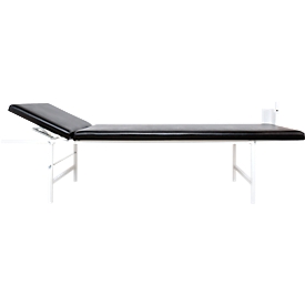Divan d'examen pliant mural, L 2000 x l. 700 x H 500 mm, cadre carré en acier blanc, revêtement en similicuir noir