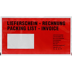Documenthoes DEBATEC lang, rood, zelfklevend, opdruk 'Packing list/Invoice'