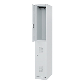 Doppelstöckiger Feuerwehrspind C+P Flexo White, 1 Abteil mit 2 Fächern, Bodengleiter, B 300 x T 500 x H 1850 mm, RAL 7035 Lichtgrau