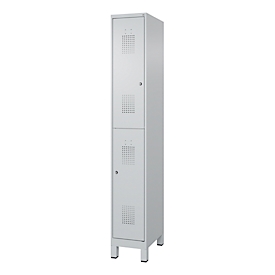Doppelstöckiger Feuerwehrspind C+P Flexo White, 1 Abteil mit 2 Fächern, Füße, B 300 x T 500 x H 1950 mm, RAL 7035 Lichtgrau