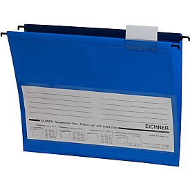 Dossiers suspendus EICHNER pour formats jusqu'à A4, ouverture latérale, PVC, bleu, 10 p.