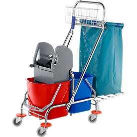 Double chariot de nettoyage avec armature chromée, 2 seaux de 17 litres, presse, support sac poubelle
