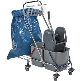 Double chariot de nettoyage avec armature chromée, 2 seaux de 17 litres, presse, support sac poubelle