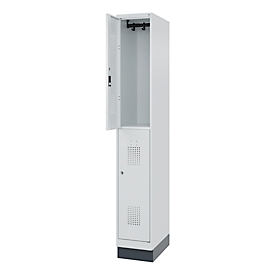 Double-storey firefighter locker C+P Flexo White, 1 compartment with 2 compartments, plinth, W 300 x D 500 x H 1950 mm, RAL 7035 light grey/RAL 7016 anthracite grey