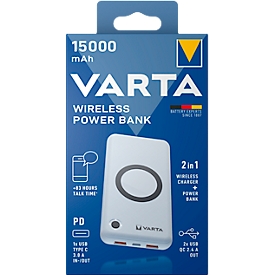 Draadloze Powerbank Varta, Draadloos opladen &amp; opladen met kabel, Laadniveau-indicator, Li-polymeer batterij, B 100 x D 31 x H 195 mm, wit