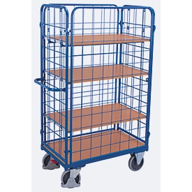 Drahtgitter-Etagenwagen, Stahl/MDF-Platte, Enzianblau/Buche-Dekor, 1 Etage, 850 x 500 mm, einhängbare Längswände, EasySTOP, bis 400 kg