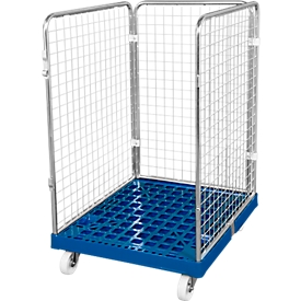 Drahtgitterbehälter 3-seitig, 1020 auf Kunststoffrollbehälter, einzianblau RAL5010
