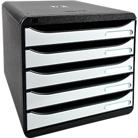 Drawer box BIG-BOX PLUS, A4+, 5 half-open drawers with pull-out stop, recessed grip &amp; label holder, labels, Blue Angel, plastic, black-white