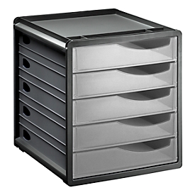 Drawer box Rotho SPACEMAKER, 5 closed drawers in A4 format, recessed grip, stackable, L 330 x W 285 x H 320 mm, polystyrene, black-transparent
