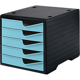 Drawer box styro® styroswing, 5 drawers, pull-out stop &amp; recessed grip, stackable, W 270 x D 340 x H 255 mm, polystyrene, black-aqua