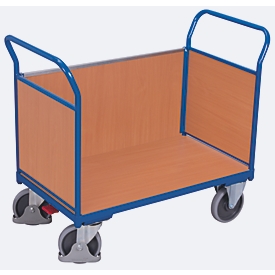 Dreiwandwagen, Stahl/MDF-Platte, Enzianblau/Buche-Dekor, L 1000 x B 575 mm, herausnehmbare Längswand, TPE-Rollen mit EasySTOP, bis 500 kg