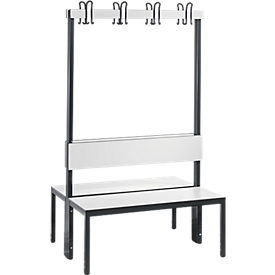 Dressing room bench Basic Plus, two-sided, backrest, without shoe rack, frame blackish grey RAL 7021, W 1000 mm, white finish