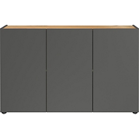 Dressoir Athen, met 4 vakken en 3 greeploze deuren met klep, 5 glijders, B 1200 x D 340 x H 760 mm, hout, grafiet/Navarra eik