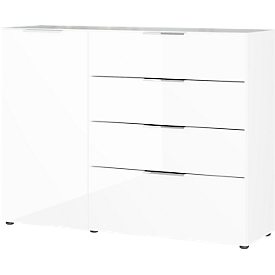 Dressoir, met 4 laden en 1 deur, glazen front en bovenblad, B 1340 x D 420 x H 1020 mm, wit