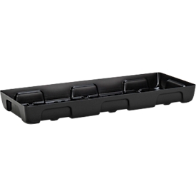Drip tray for small containers CEMO 10/4, volume 21 l, for shelf compartment dimensions 1000 x 400 mm, without grating, with approval, stackable, polyethylene, black