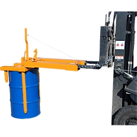 Drum turner Bauer type FW-I, for 200 l drums, 300 kg, tipping by rope pull, forklift pick-up, steel yellow-orange