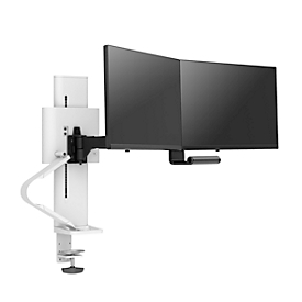 Dubbele monitorarm Ergotron TRACE, voor 2 beeldschermen tot 27″ &amp; tot 9,8 kg, in hoogte/diepte verstelbaar, draaibaar/draaiend/kantelbaar, met tafelklem, wit.