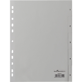 Durable plastic register, A4 portrait, numbers 1-5, gray