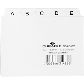 DURABLE tabkaarten, A7, letters A-Z, kunststof, wit