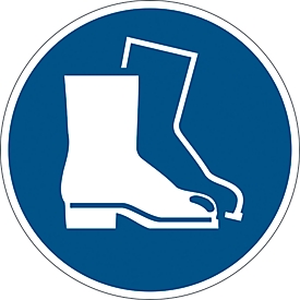 Duurzaam informatiebordje, rond, voor binnengebruik, motief "Gebruik voetbescherming", EN ISO 7010, zelfklevend, blauw-wit, 1 stuk