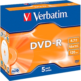 DVD-R de Verbatim®, hasta 16 veces, 4,7 GB/120 min, juego de 5 JewelCase