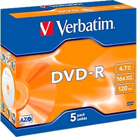 DVD-R de Verbatim®, hasta 16 veces, 4,7 GB/120 min, juego de 5 JewelCase