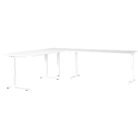 Eckschreibtisch Porto, mechanisch höheneinstellbar, C-Fuß, inkl. Ansatztisch mit Stützfuß, B 1200/1800 x T 2200 x H 680-910 mm, weiß/weiß