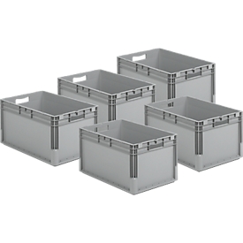 Economy pack of 5 boxes European standard ELB 6320, made of polypropylene, capacity 64 l, grey, W 600 x D 400 x H 320 mm