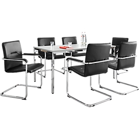 Economy set cantilever chair Rumba, cover imitation leather black, seat dimensions W 490 x D 430 x H 470 mm, 6 pieces + conference table, light grey, W 1600 x D 800 x H 720 mm