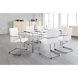 Economy set cantilever chair Rumba, cover imitation leather white, seat dimensions W 490 x D 430 x H 470 mm, 6 pieces + conference table, white, W 1600 x D 800 mm