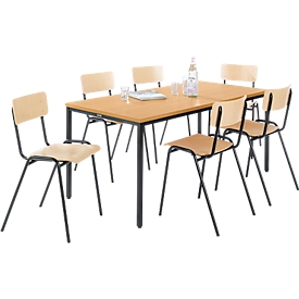 Economy set stacking chairs, beech wood, frame black, W 450 x D 520 x H 770 mm, 6 pieces + table, beech wood, frame black, L 1600 x W 800 x H 720 mm