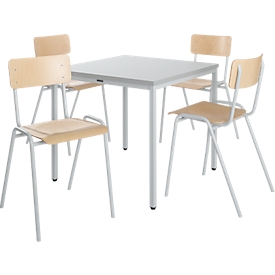Economy set stacking chairs, beech wood, frame gray W 450 x D 520 x H 770 mm, 4 pieces + table, beech wood, frame gray, L 800 x W 800 x H 720 mm