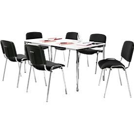 Economy set stacking chairs ISO Basic, cover fabric black, seat dimensions W 475 x D 415 x H 470 mm, 6 pieces + conference table, white, W 1600 x D 800 mm