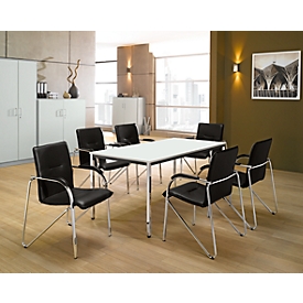 Economy set visitor chairs Samba, stackable, cover imitation leather black, seat dimensions W 440 x D 470 x H 440 mm, 6 pieces + conference table, light grey, W 1600 x D 800 mm